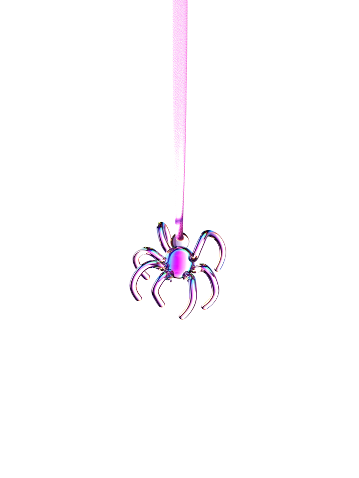 A glass spider hanging on a silk thread